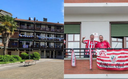 Las aficiones de Athletic y Real Sociedad viven su final de Copa en los balcones